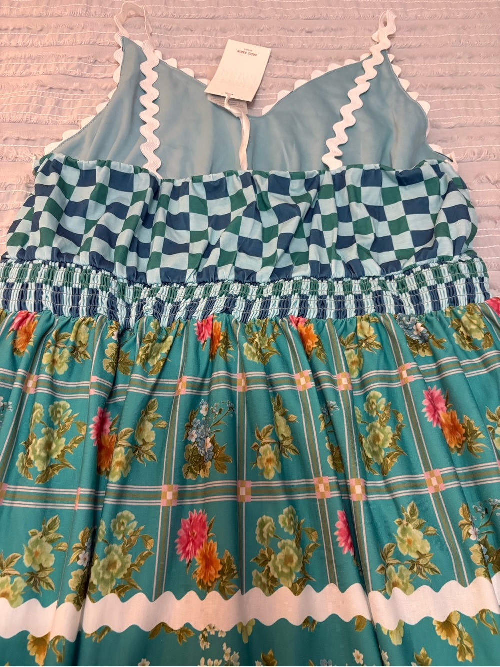Grace Karin Turquoise Blue Floral Checkered Maxi Dress-measurements in photos - Picture 4 of 9